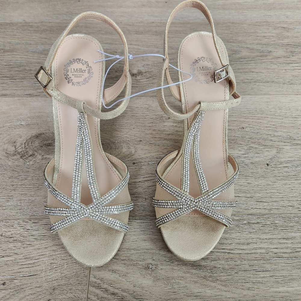 I. Miller Ramona Gold Heels Embellished Womens 8.5 Strap Open Toe Evening Event